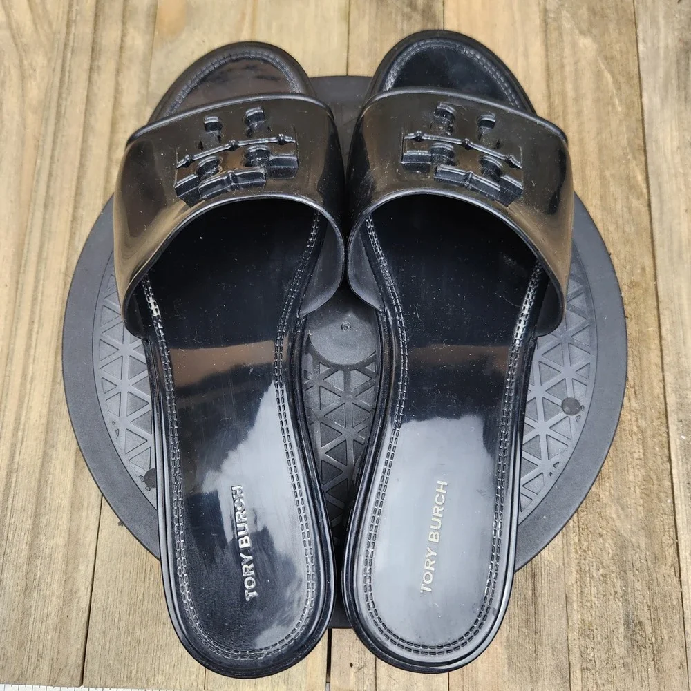 Tory Burch Eleanor Jelly Slide Sandals Womens size 8 Black Logo Platform